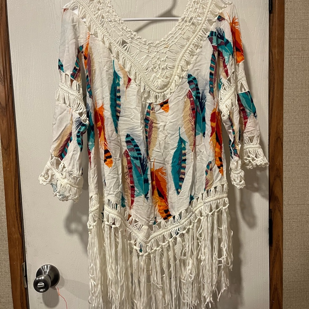 Bohemian Feather Print Fringe Top
